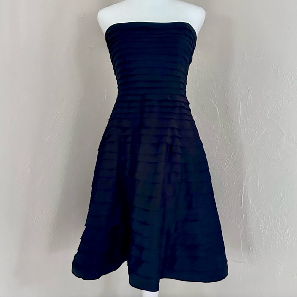 Adrianna Papell Tiered Black Satin Strapless Midi Flared Skirt Formal Dress 8P